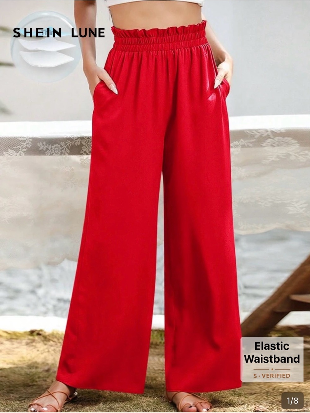SHEIN Red Wide-Leg Elastic-Waist Pants NWOT